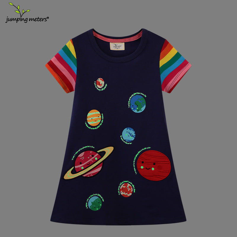 Space Planet Pattern Plaid Knitted Summer Shirt Children's Dress