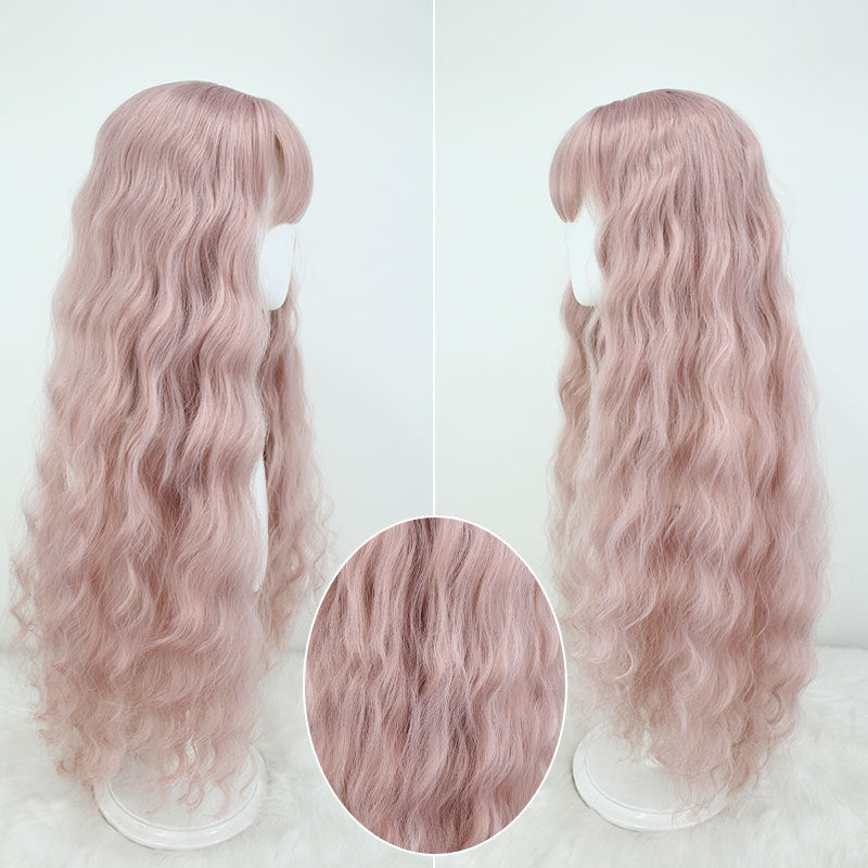 Female Pink Super Long Curly Hair Water Cos Wig