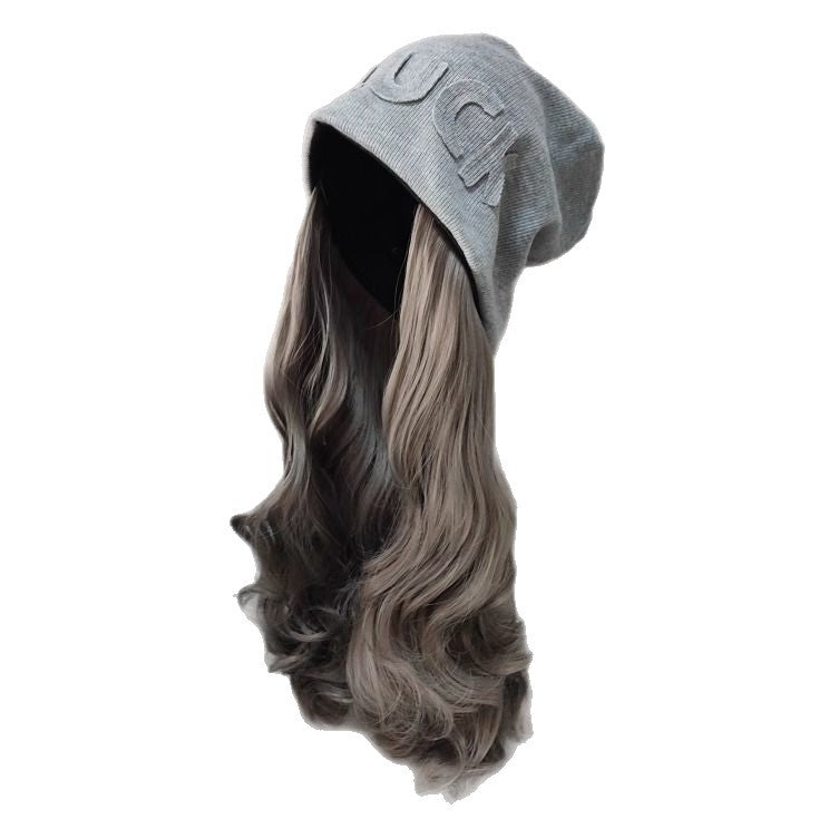 Women's Fashion Tide Gray Pile Heap Cap Street Wig Long Curls