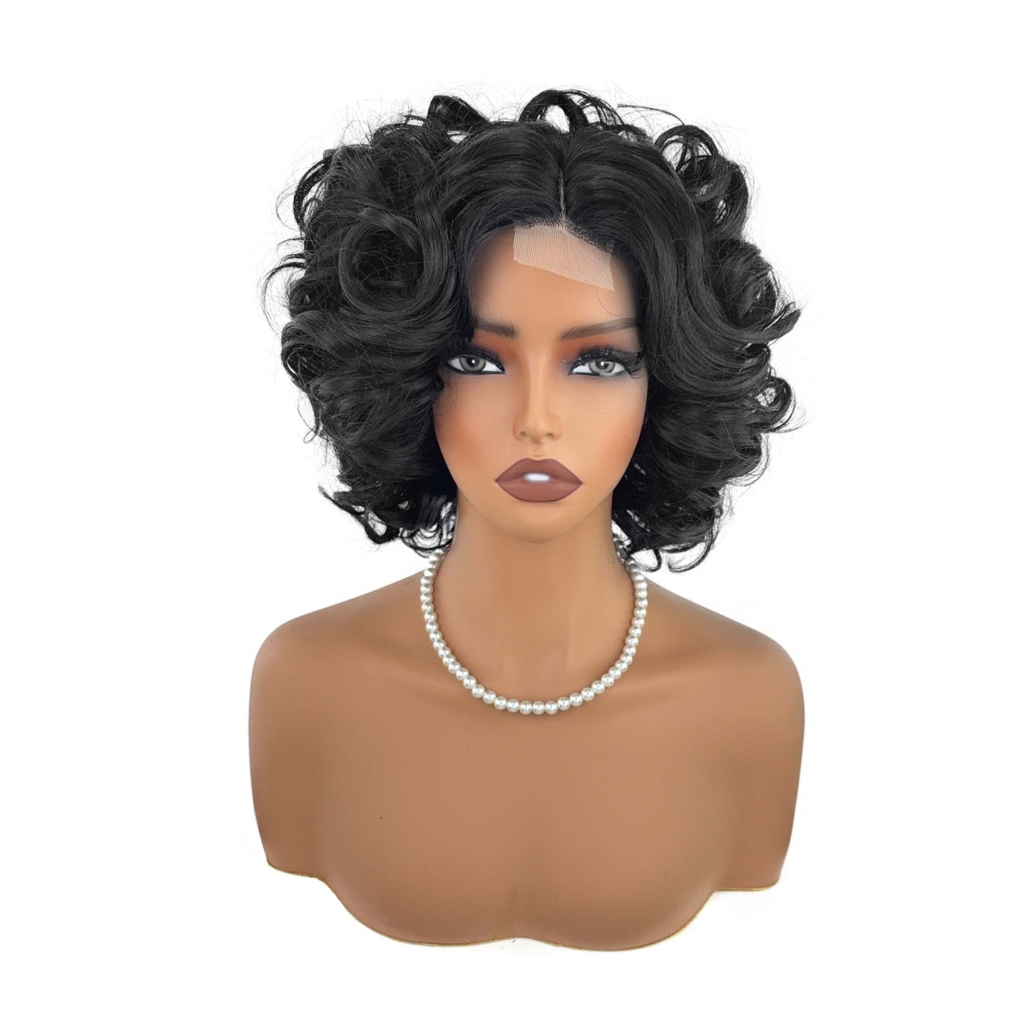 Women's Black Fiber Forehead Lace Small Volume Wig Short Curly Hair