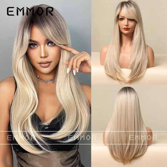 Wind Black Gradient Golden Bangs Hair Curling Wig Long Curls