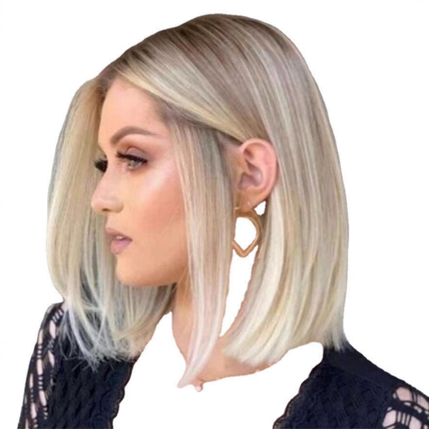 Women's Head Gradually Golden Medium Fiber Wig Short Straight Hair