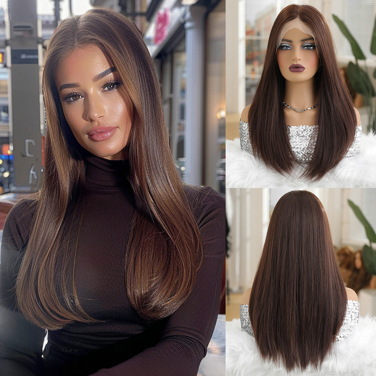 Large Area Lace Hand-woven Mid-length Hair Casual Long Straight Wig