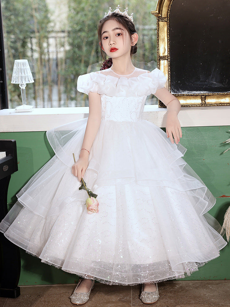 Evening Long Puff Yarn Host Performance Children's Dress