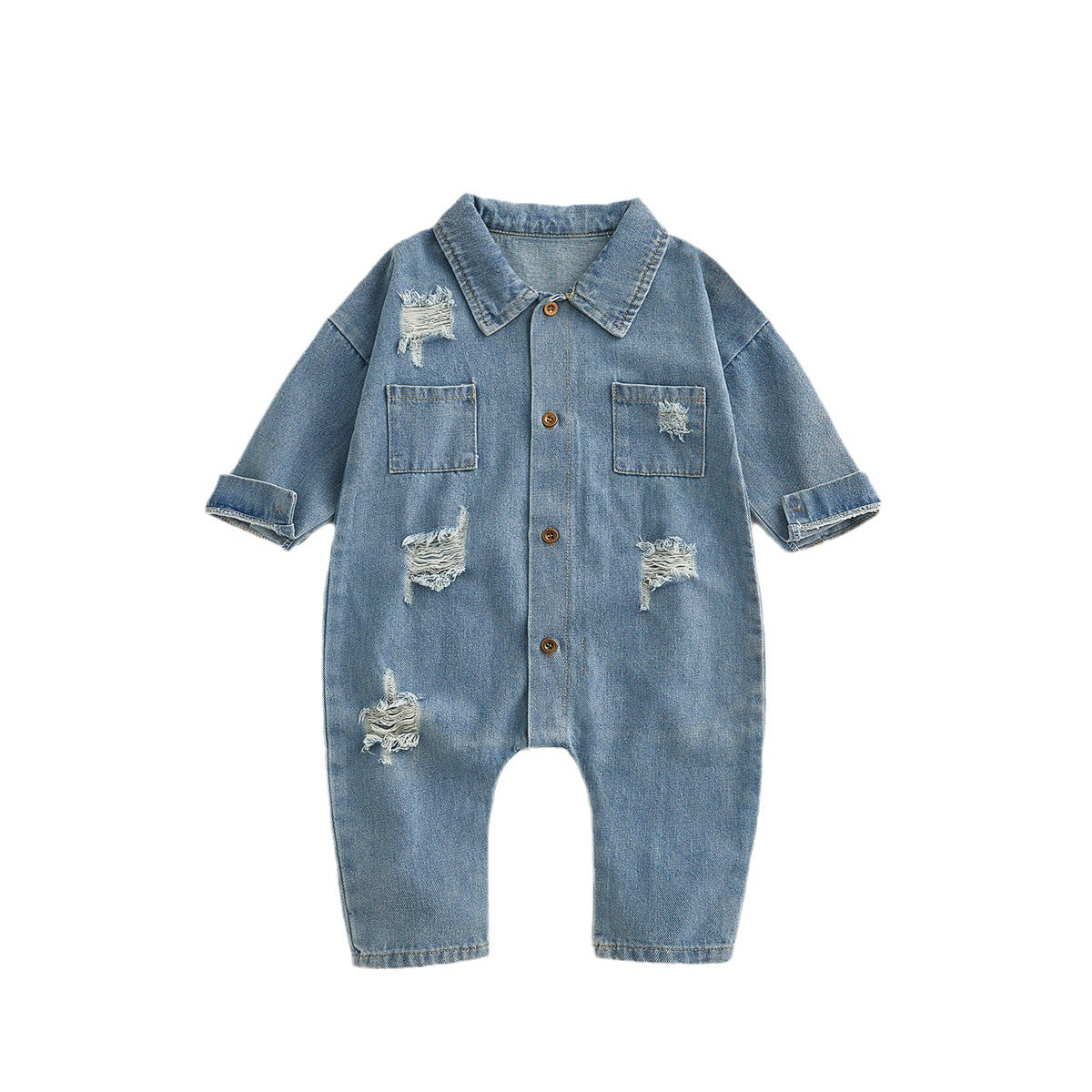 Denim Jumpsuit Male Female Long Sleeve Ripped Rompers Jumpsuit, Climbing Suit
