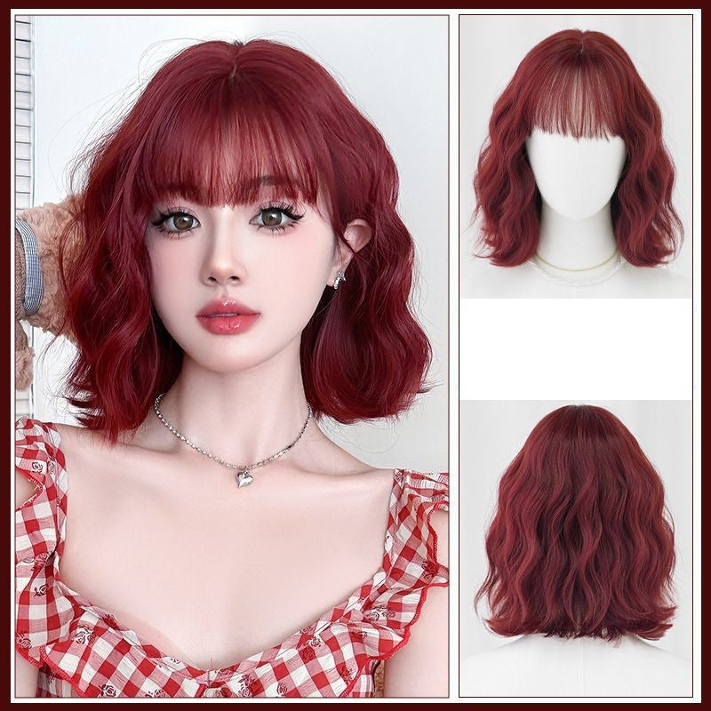 Female Straight Bangs Small Curls Raspberry Wig Short Curly Hair