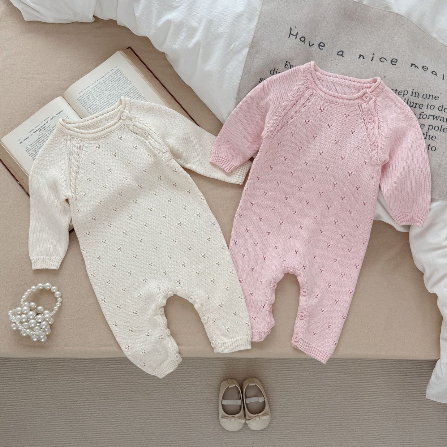 Sweater Jumpsuit Born Pure Cotton Knitted Long Sleeve Hollow Out Jumpsuit, Climbing Suit