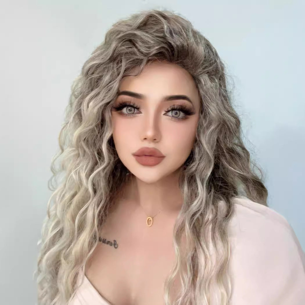 African Small Curly Hair Synthetic Wigs Gray Gold Partial Head Wig Long Curls