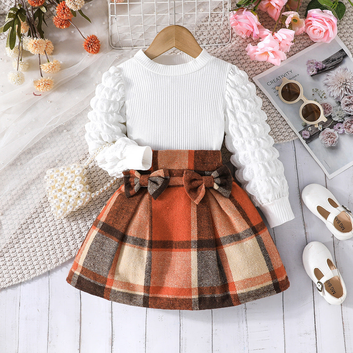 Puff Sleeve Top Plaid Skirt Fashion Children's Suit