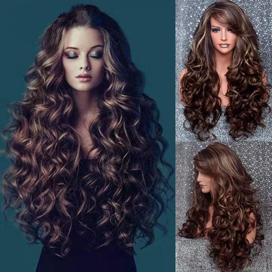 Women's Fashion Side Bangs Curly Hair Fiber Head Wig Long Curls