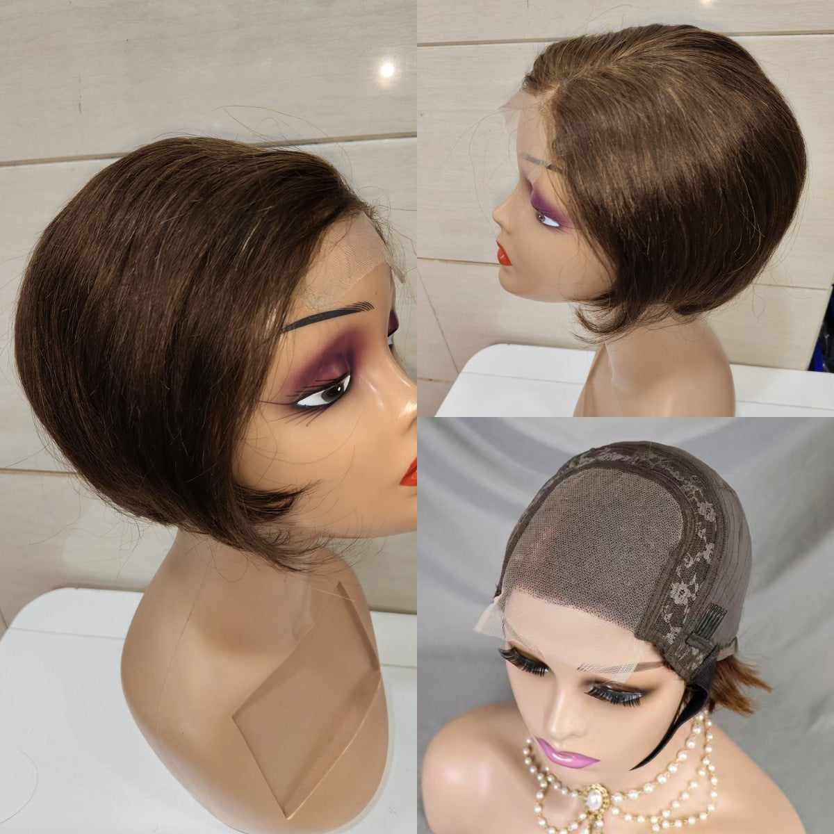Fashion Slouchy Lace Pixie Cut Human Real Hair Wig