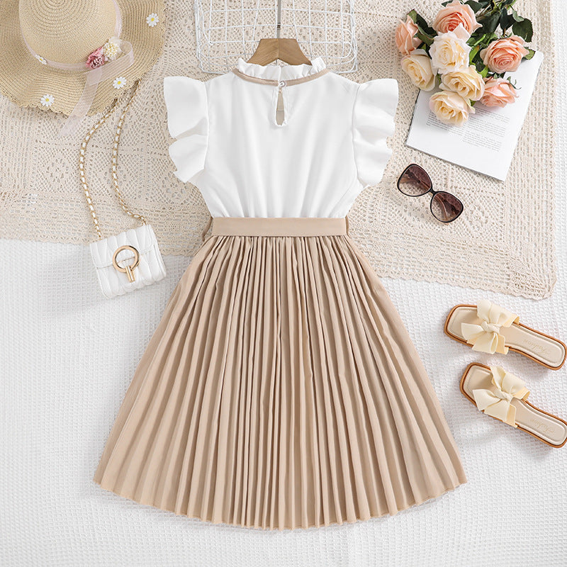 Children's Clothing Summer Style Flounced Sleeve Color Matching Pleated Children's Dress