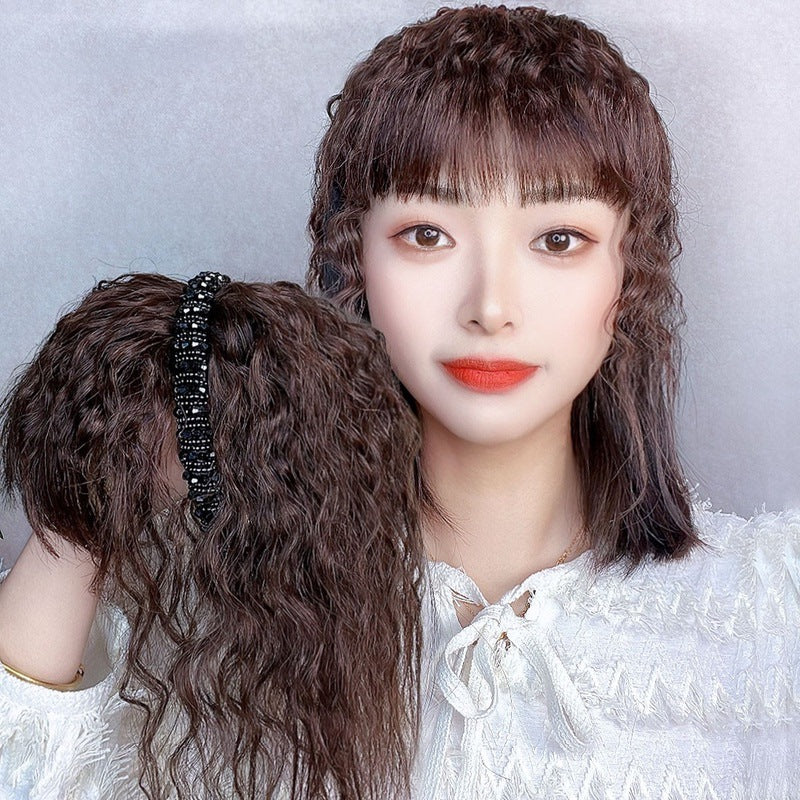 Band Curly Hairpiece Bangs Integrated Cover Gray Increase All Real Wig