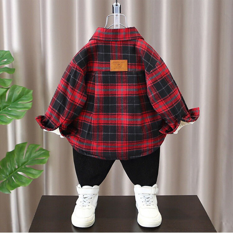 Children's Plaid Thin Brushed Ruffle Handsome Long Sleeve Children's Shirt