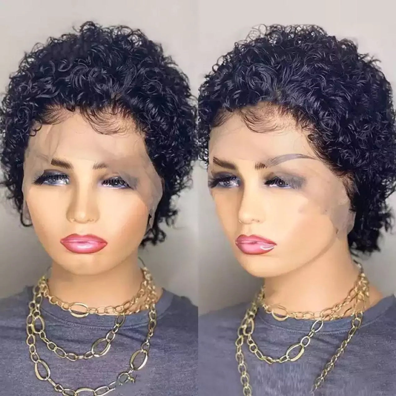 Head Cover Mid-length Black Small Female Wig Short Curly Hair