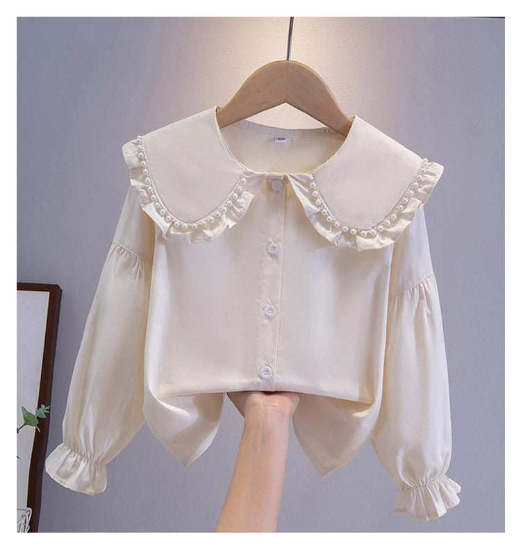 White Long Sleeve Cotton Versatile Medium Large College Children's Shirt