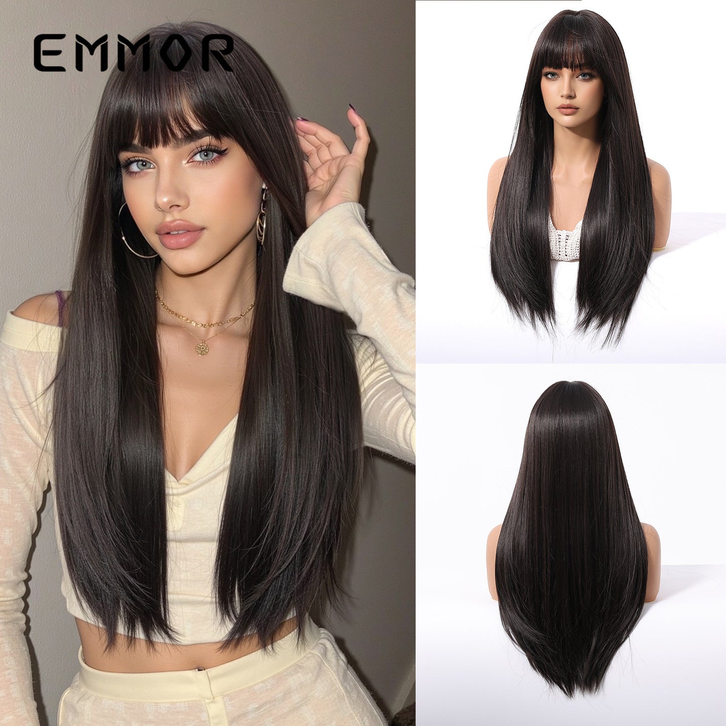 Bangs Champagne Brown Hair Dignified Goddess Chemical Long Straight Wig