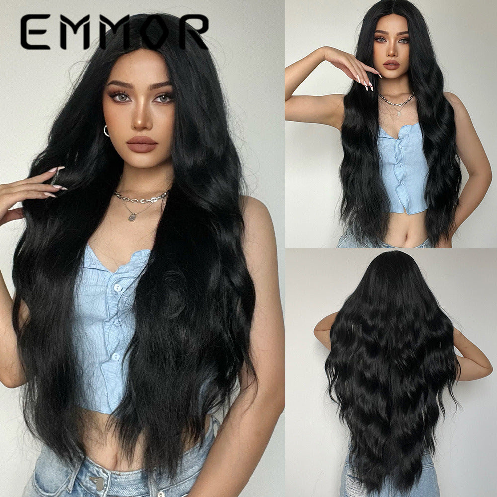 Medium Curly Hair Black Matte Fiber Wig Long Curls