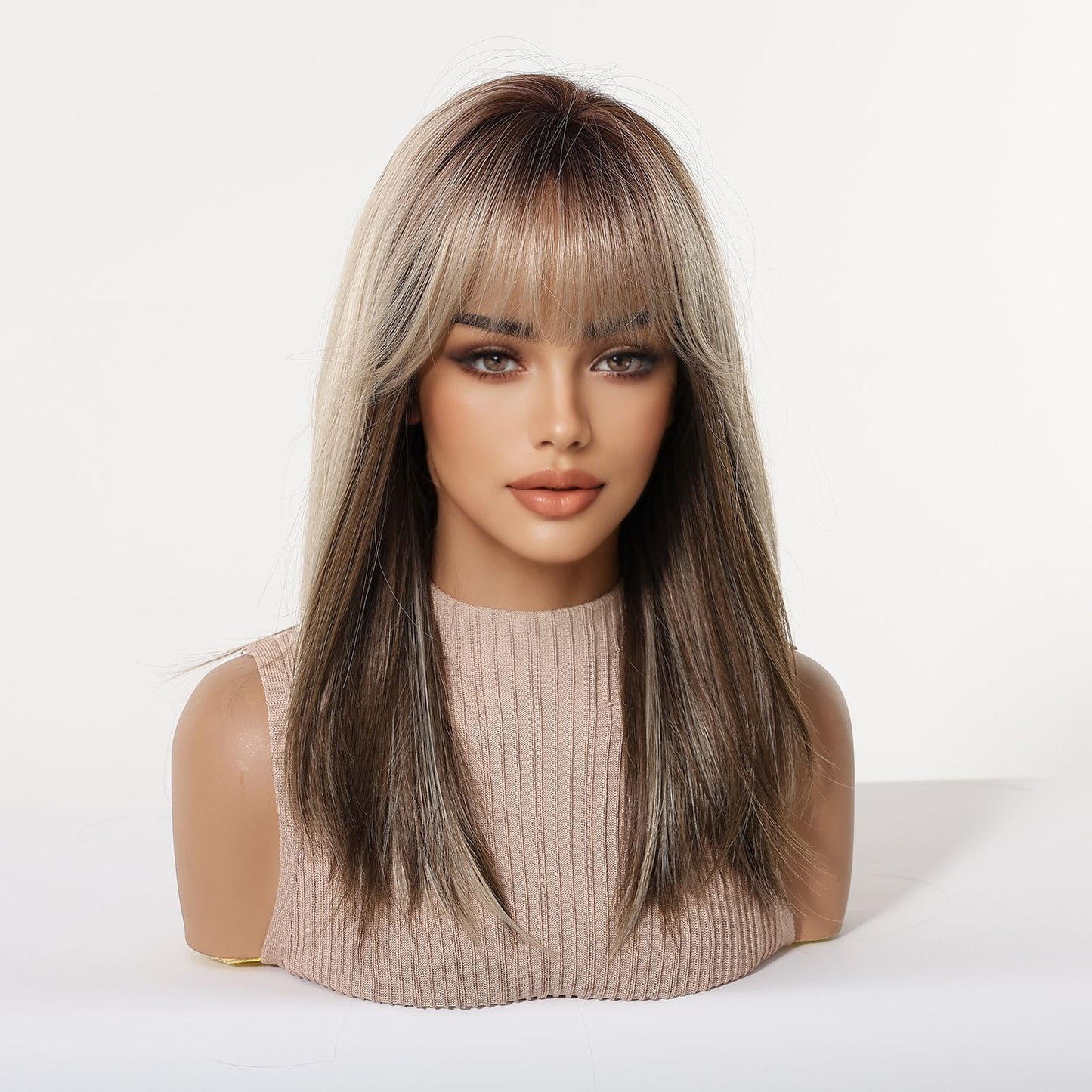 Gradient Brown Collarbone Length Haircut Natural Long Straight Wig