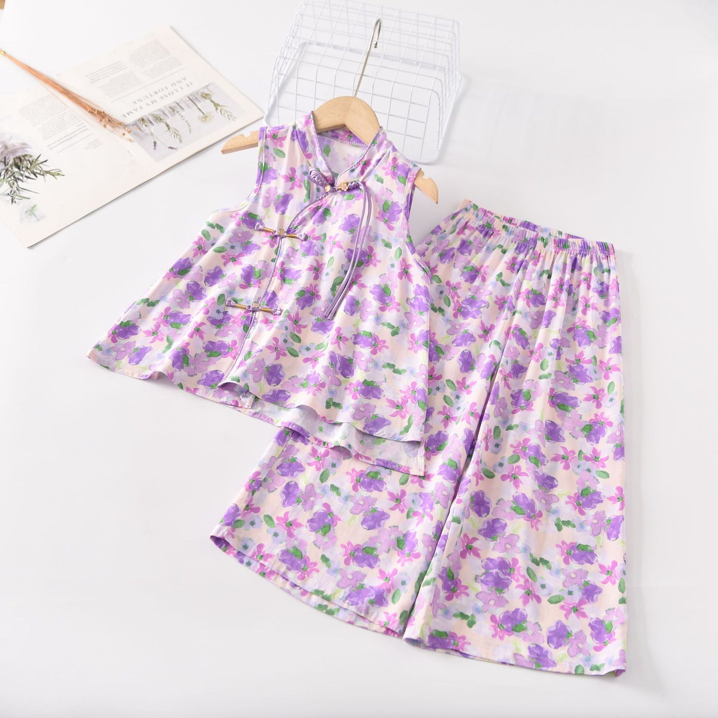 Children's Cool Summer Vest Shorts Poplin Pajamas Artificial Cotton National Children's Suit