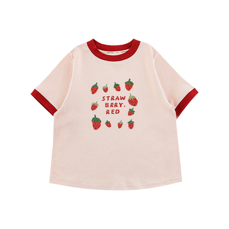 Strawberry Series Summer Cool Loose Short-sleeved Embroidery Shorts Children's T-shirt