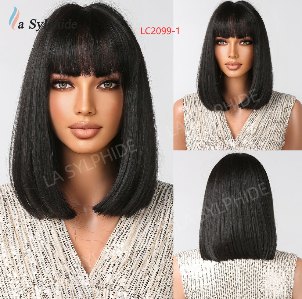Brown Gradient Bangs Mid-length Mechanism Rose Wig Short Straight Hair