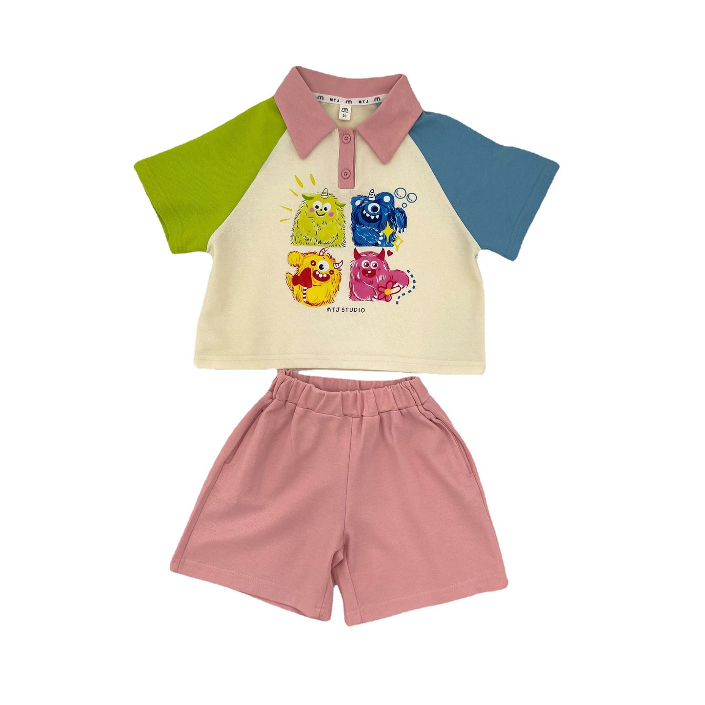 Children's Cartoon Color Matching Sleeve Shirt Short Shorts Children's Suit
