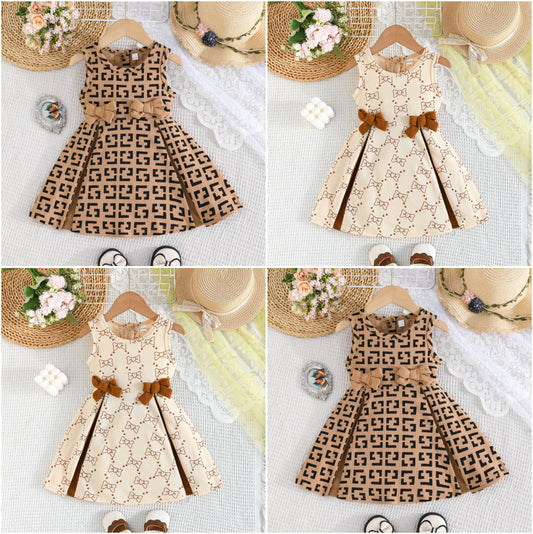 Fashion Geometry Pattern Bow Decoration Sleeveless Children's Dress