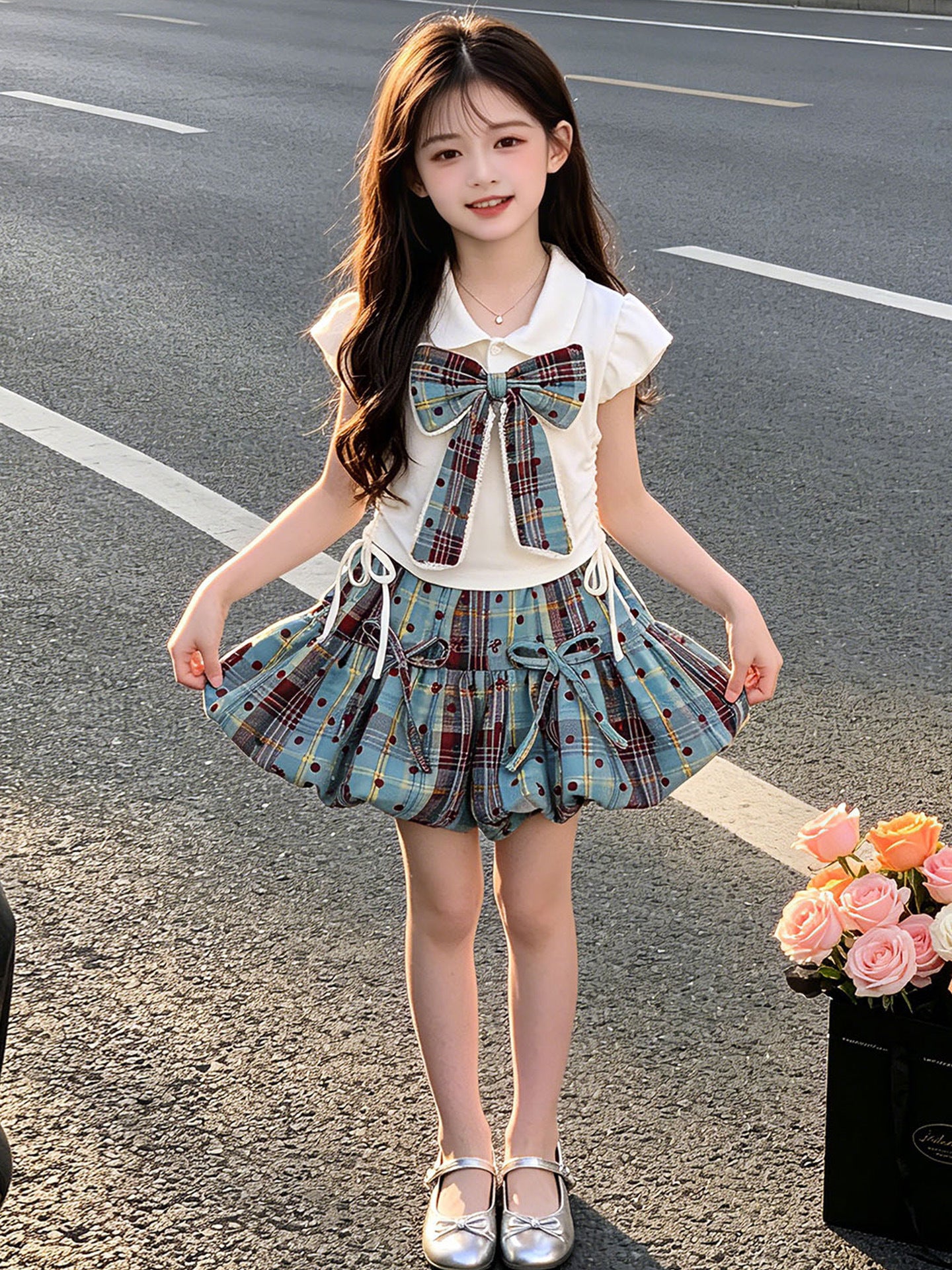 Children's Summer Bow Short-sleeved Skirt Clothing Thin Children's Suit