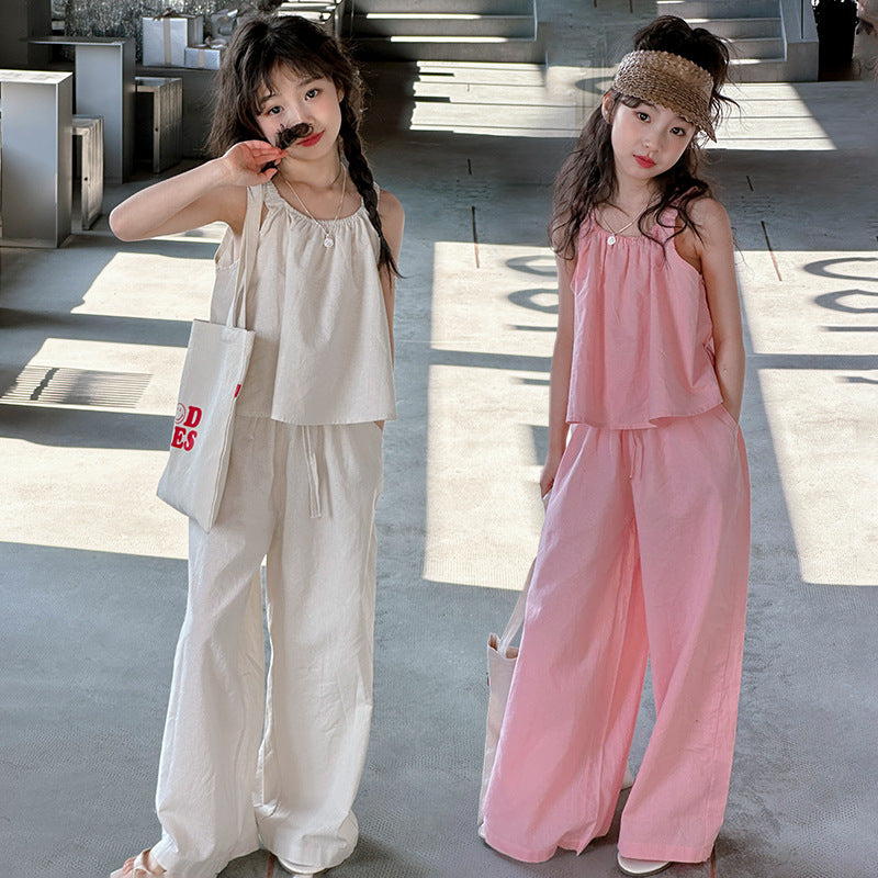 Summer Cotton Linen Sleeveless Pants Middle Big Korean Children's Suit