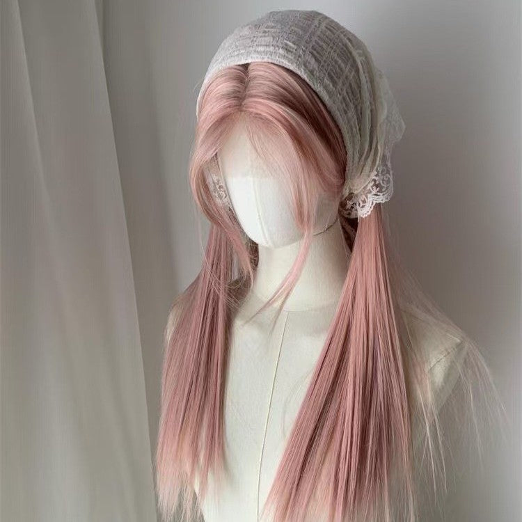 Female Pink Gold Forehead Lace Hair Long Straight Wig