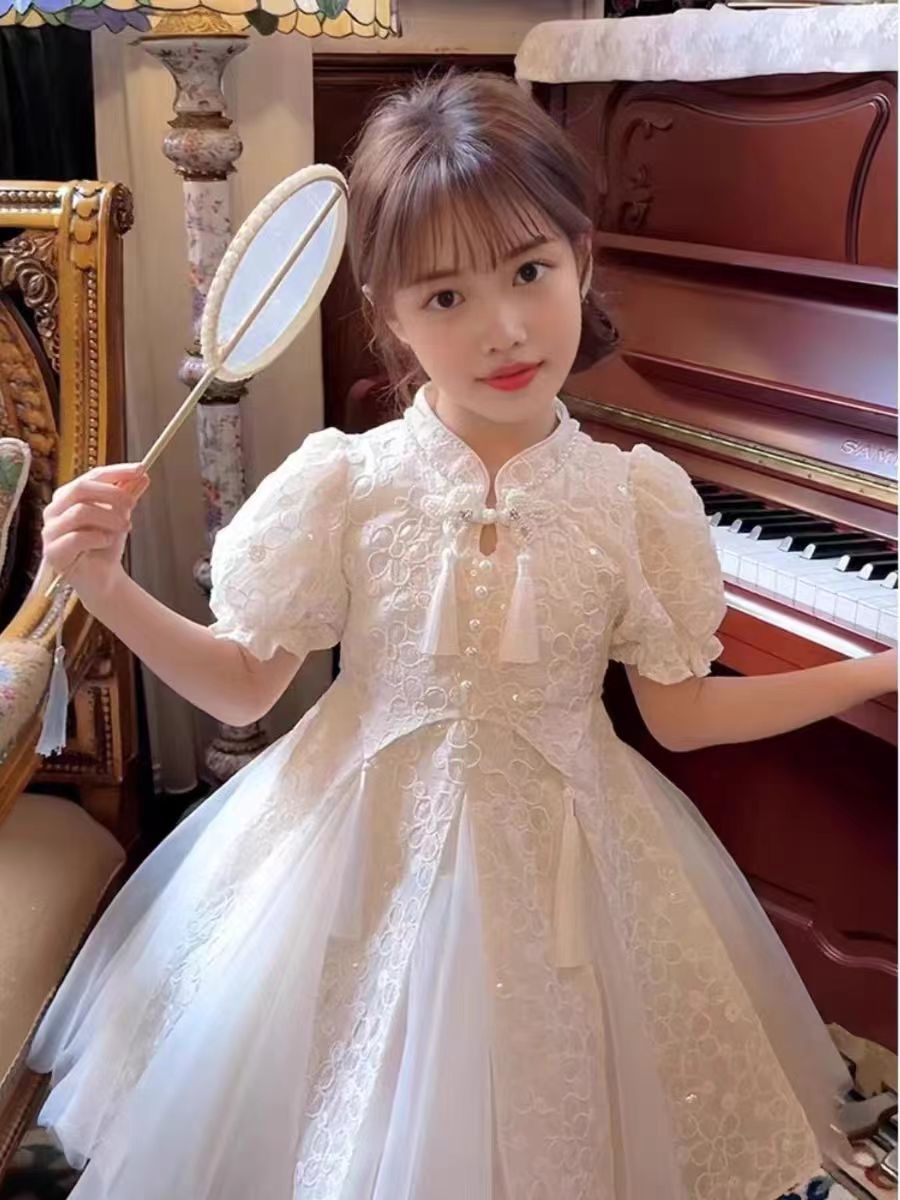 Children's Style Han Costume Summer Cheongsam Puff Sleeve Mesh Children's Dress