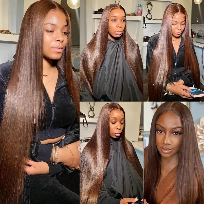 Women's African Fashion Medium Hair Highlights Gradient Color Long Straight Wig