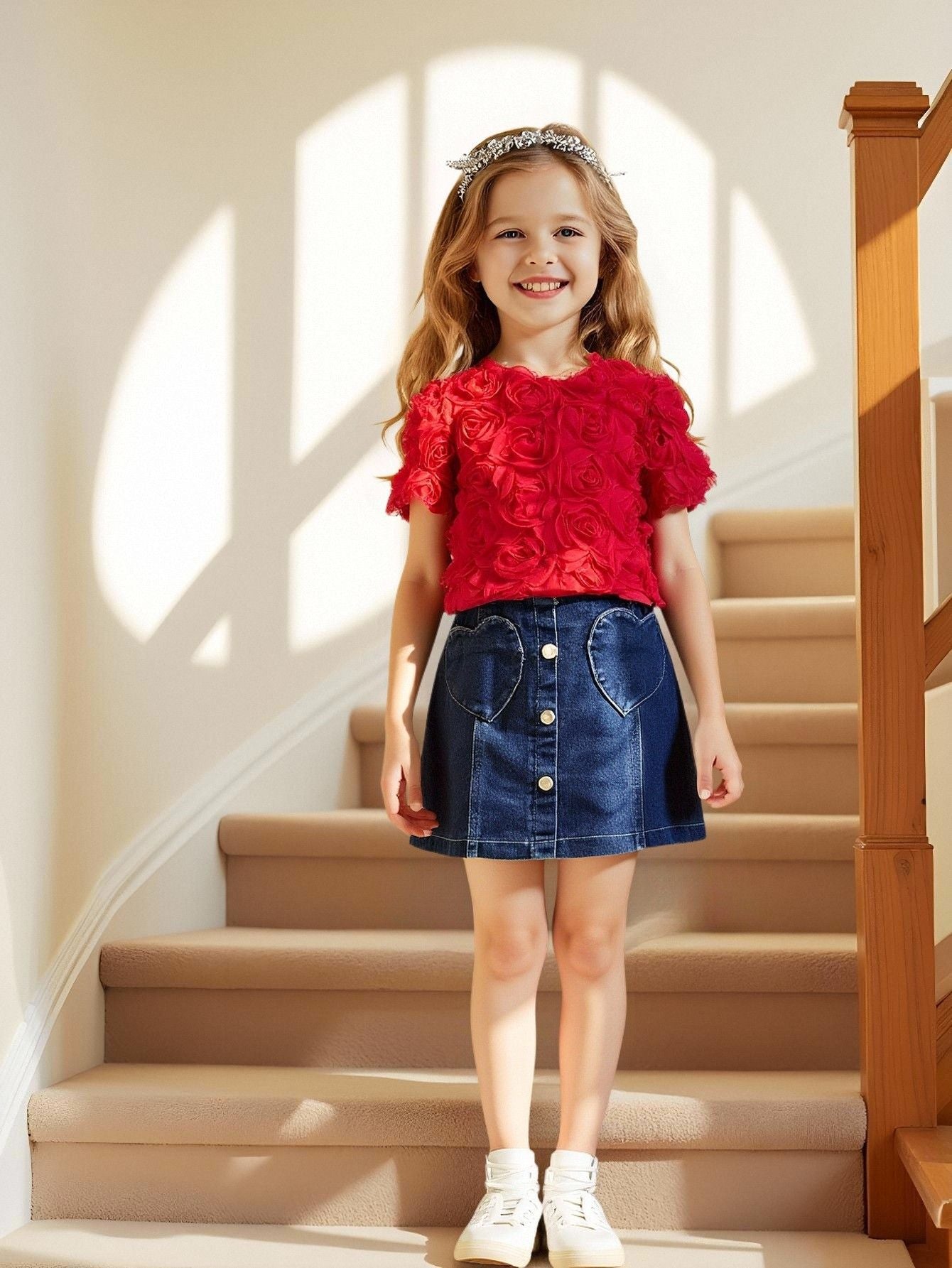 Three-dimensional Rose Short-sleeved Shirt Love Denim Skirt Children's Suit