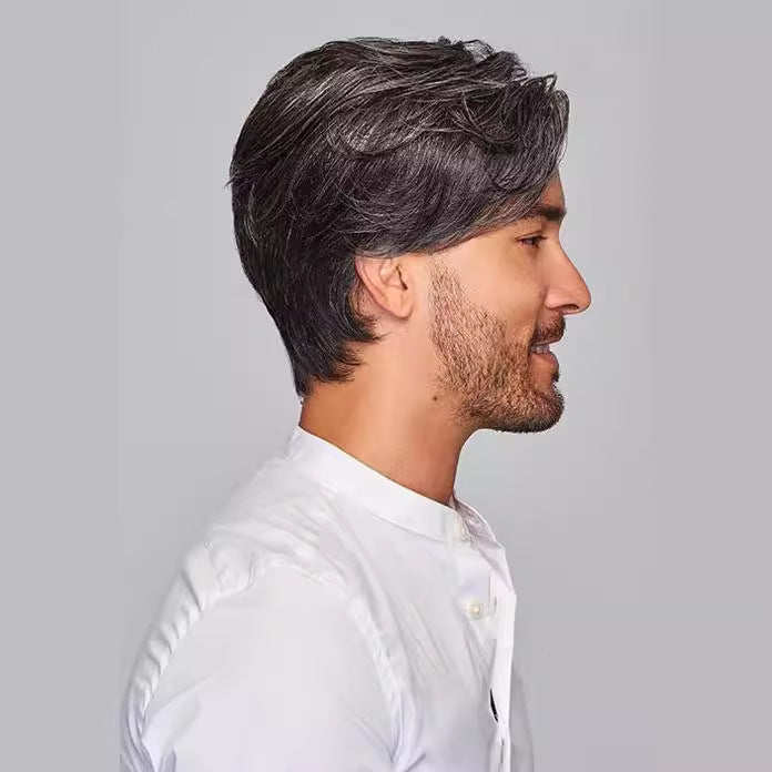 Men's Black White Bangs Partial Split Fluffy Piece Of Men's Wig