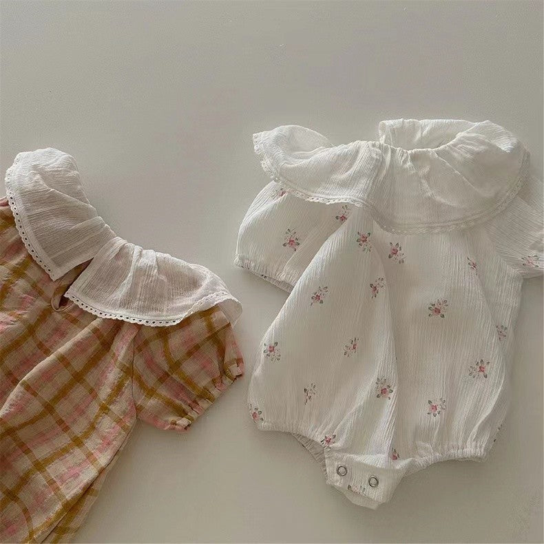 Replenishment Summer Cute Cool Plaid Ruffle Collar Romper Jumpsuit, Climbing Suit