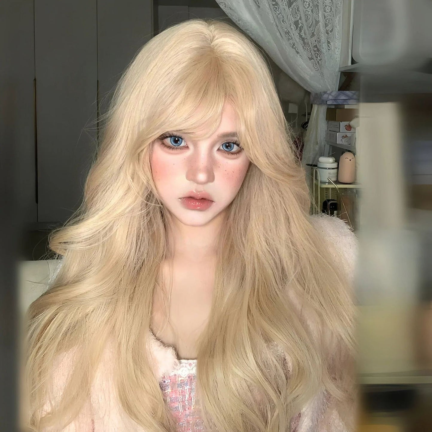 Women's Gold Color Mid-length Bangs Curly Big Wave Natural Simulation Wig Long Curls