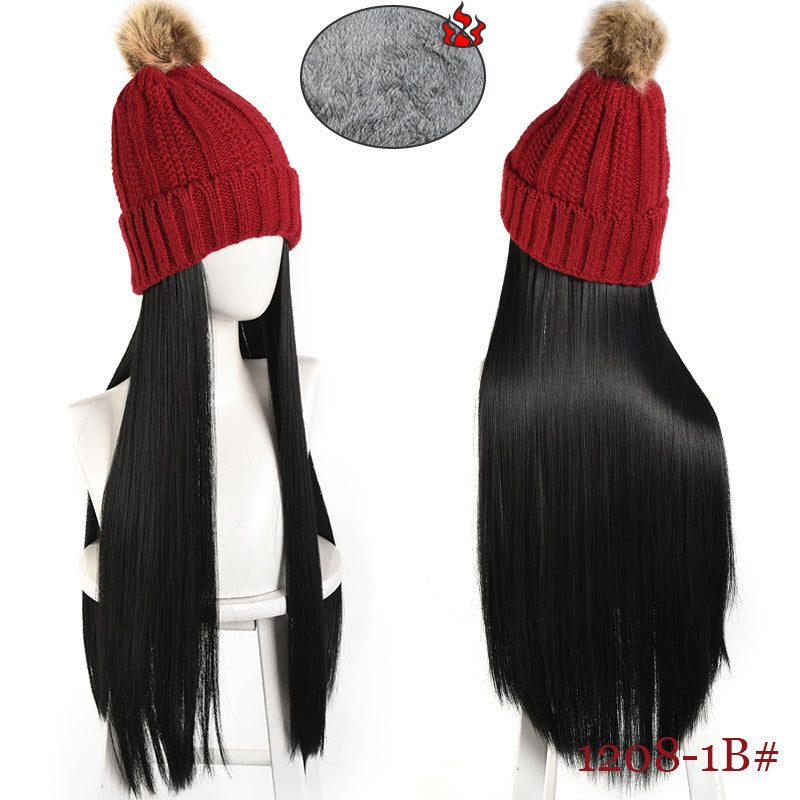 Hat Integrated Black Knitted Beret Golden Long Straight Hair Chemical Other Wig