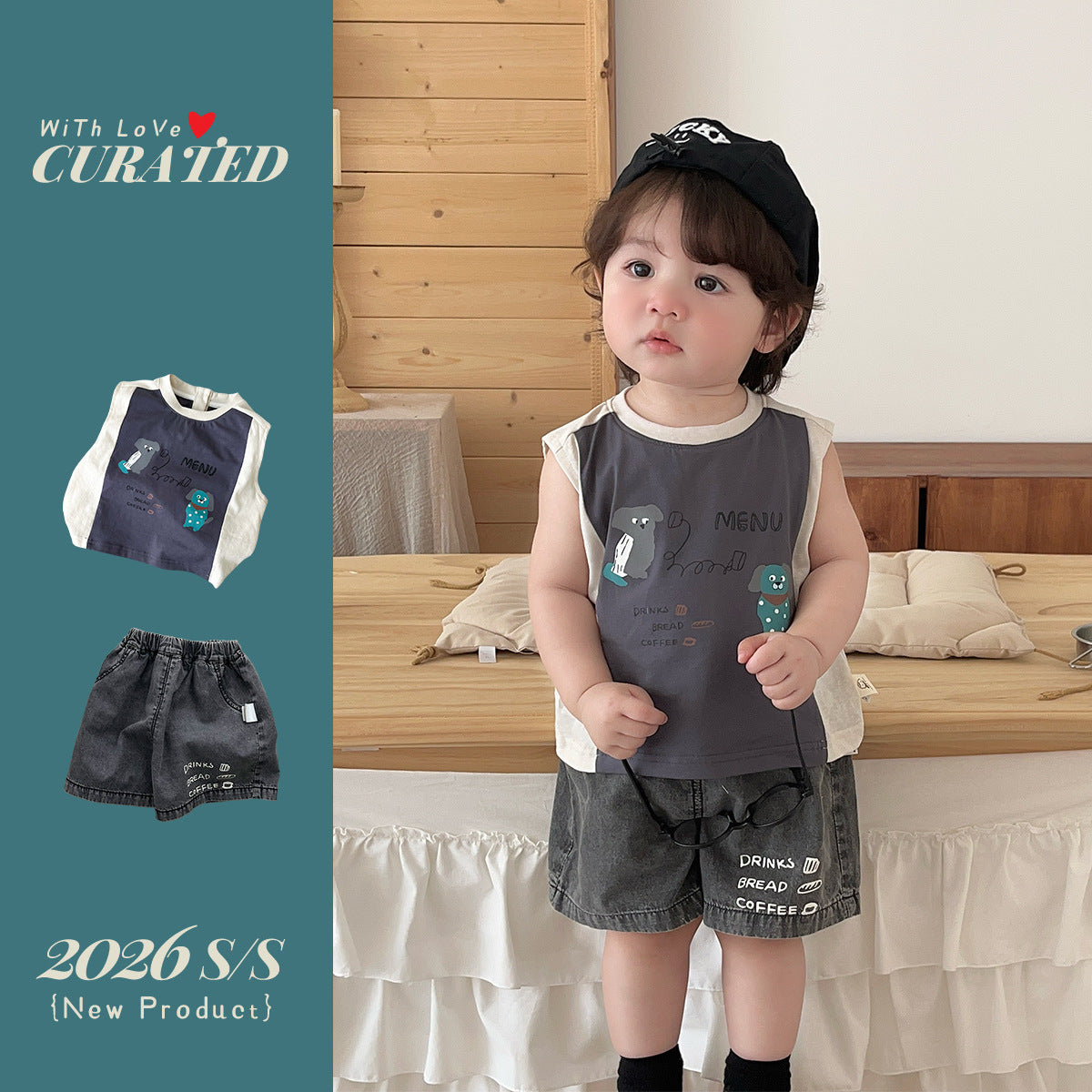 Children's Cartoon Stitching Vest Short Sleeve Ice Silk Denim Shorts Trendy Children's Suit