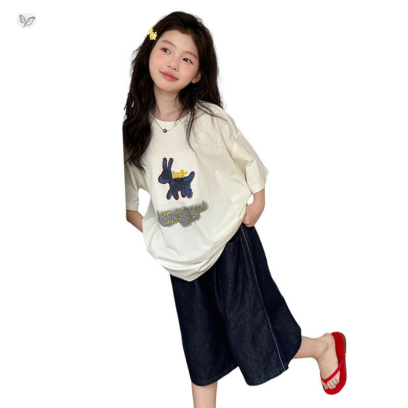 Korean Style T-shirt Light Sier Denim Cropped Pants Printed Short Children's Suit