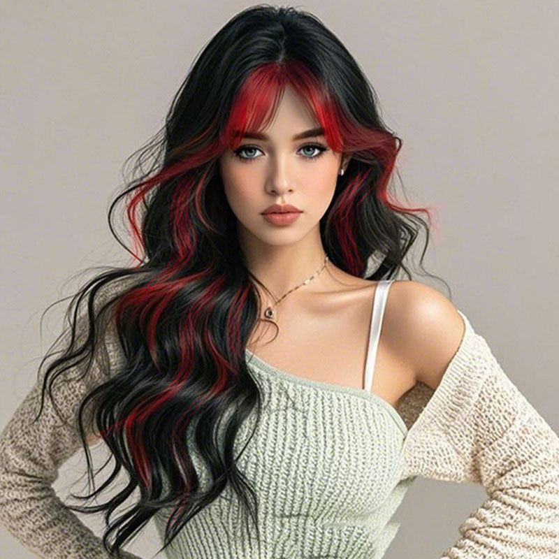 Gradient Color Female Long Curly Hair Head Cover Black Cos Wig