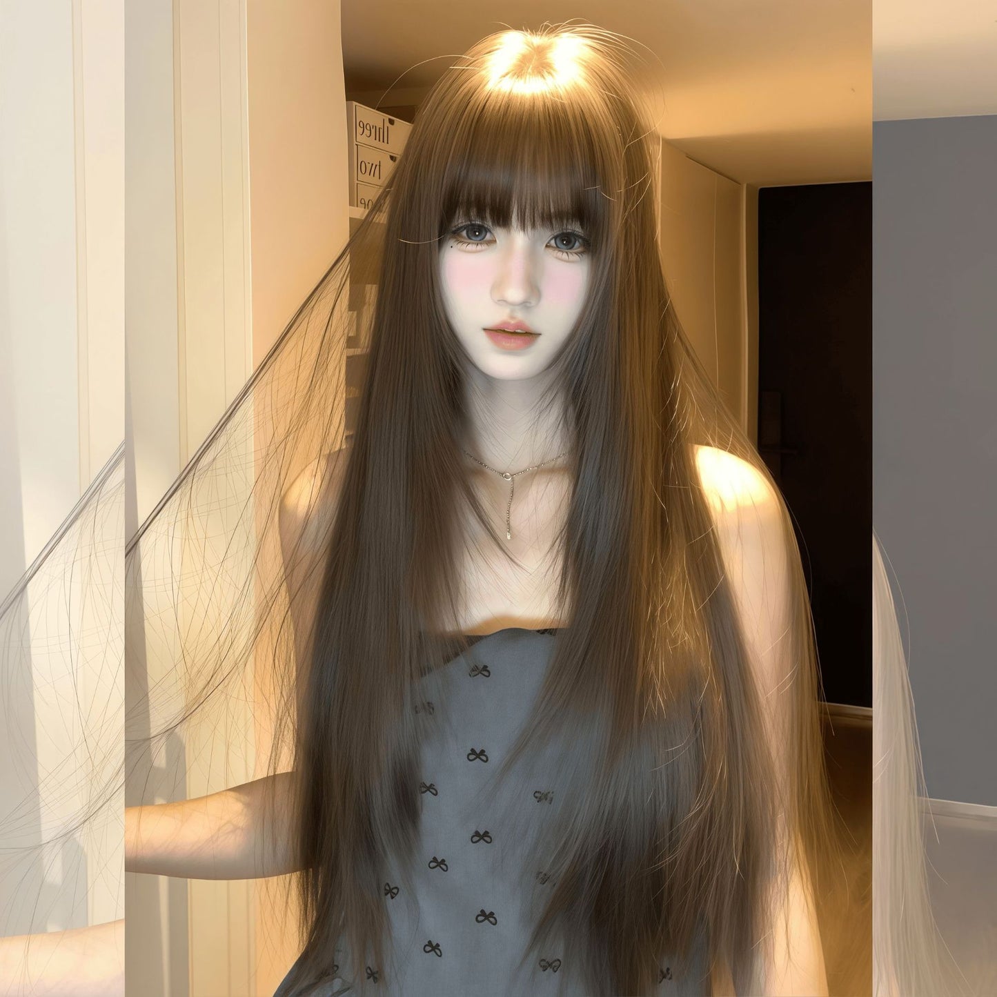 Net Female Head Hair Increase Volume Fluffy High Skull Long Straight Wig