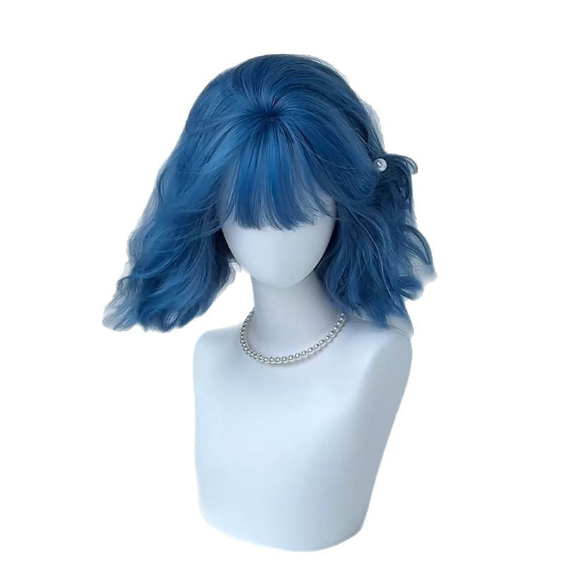 Sea Blue Bangs Small Curls Daily Wig Short Curly Hair