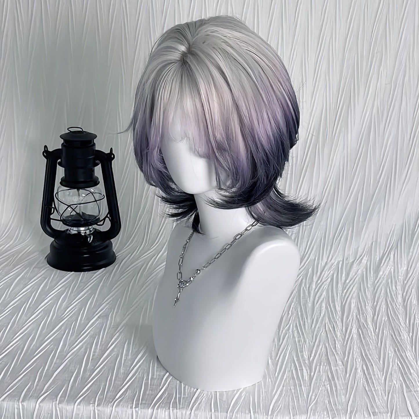 Purple Mist Roaming Female Layer White Gradient Wig Short Curly Hair