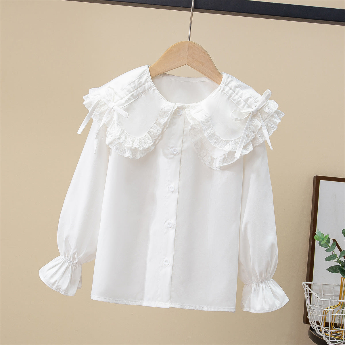 Middle Big White With Lapel Cotton Long-sleeved Spring Casual Children's Shirt