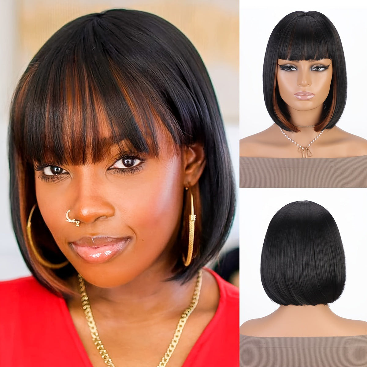 Women's Fashion Synthetic Wigs Mixed Color Bangs Wave Inner Wig Short Straight Hair