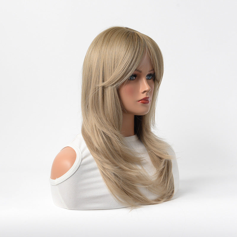 Female Fluffy Bangs Golden White Medium Inner Buckle Synthetic Wig Long Curls