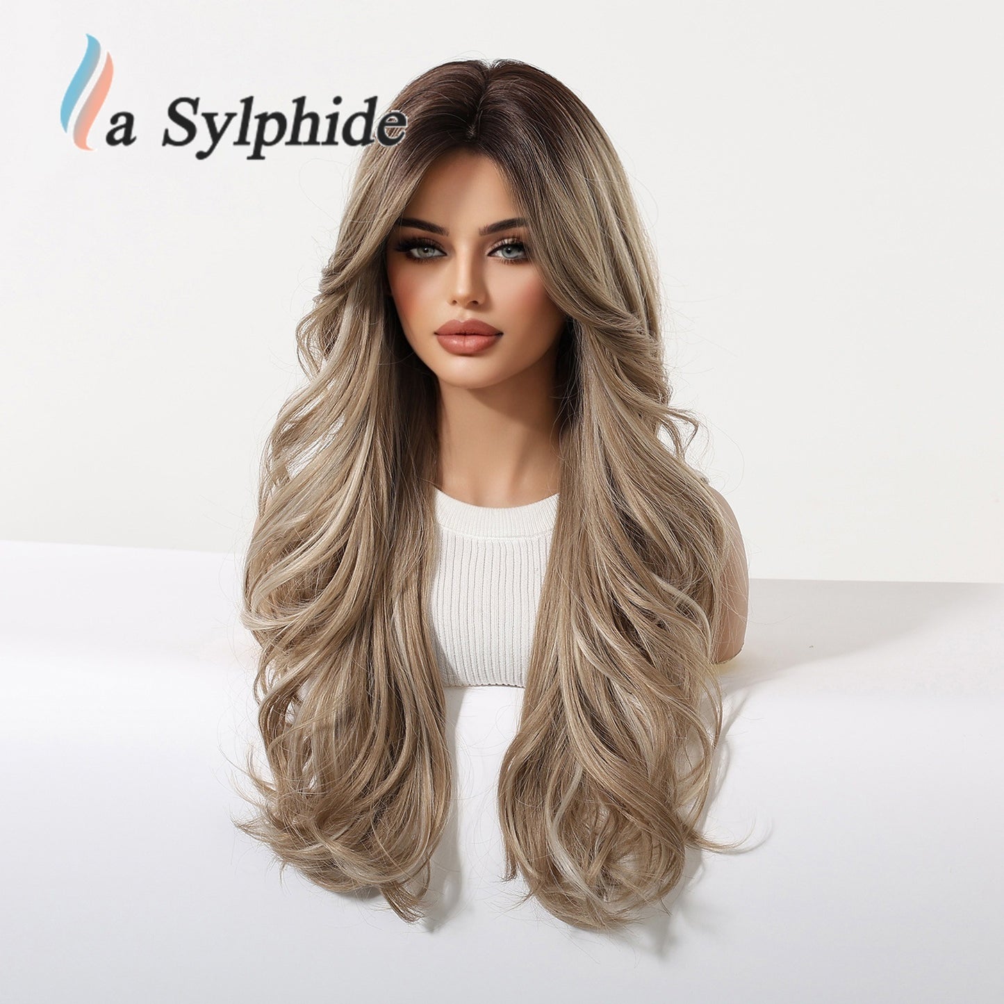 Women's Mid-length Bangs Gray White Head Cover Chemical Fiber Curly Hair Wig Long Curls
