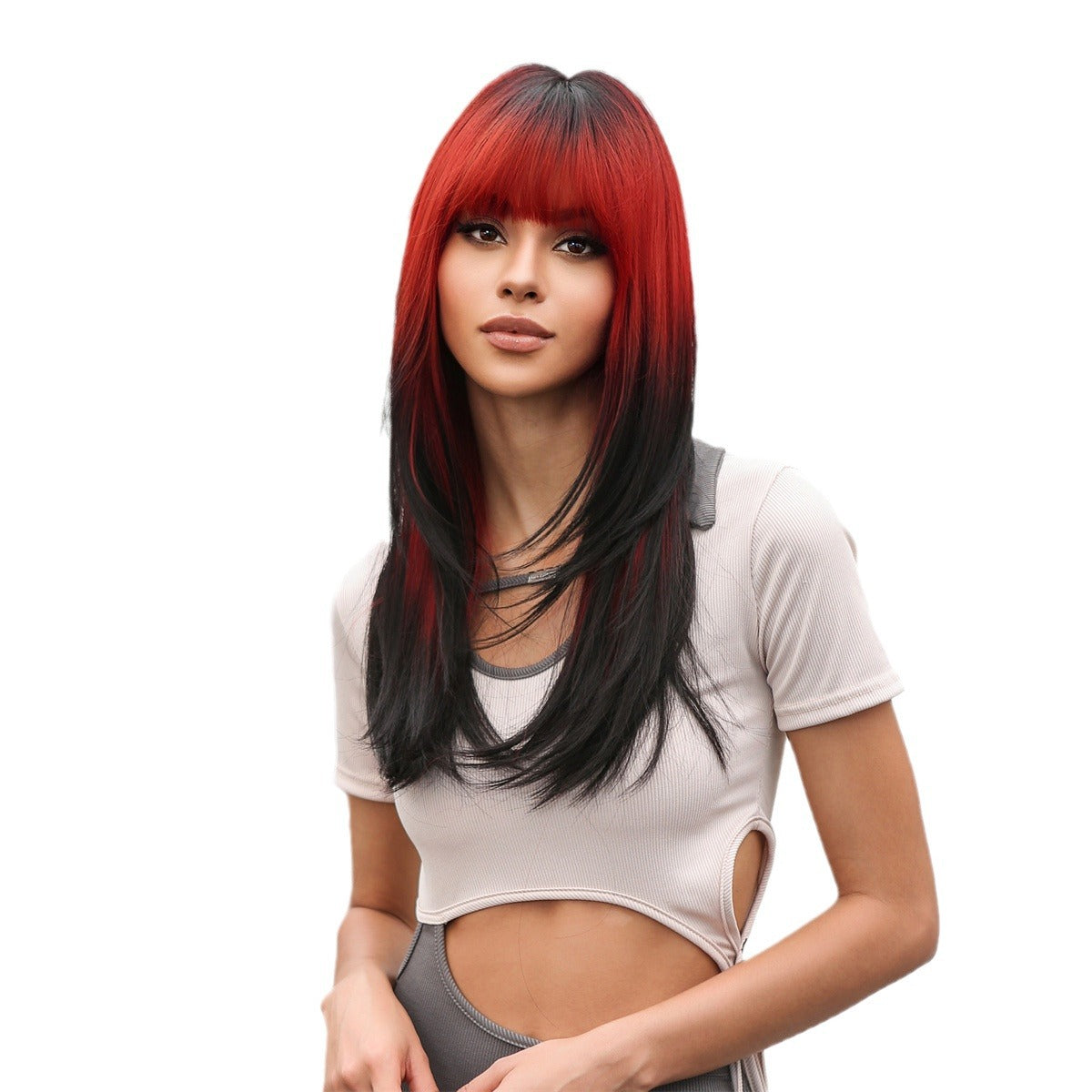 Punk Pink Gradient Dark Brown Fringe Straight Wig Long Curls