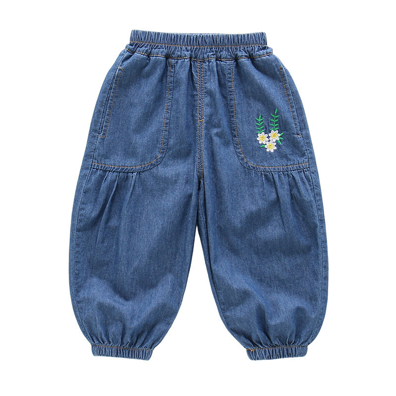 Children's Cotton Jeans Thin Summer Flower Embroidered Ankle Banded Children's Pants